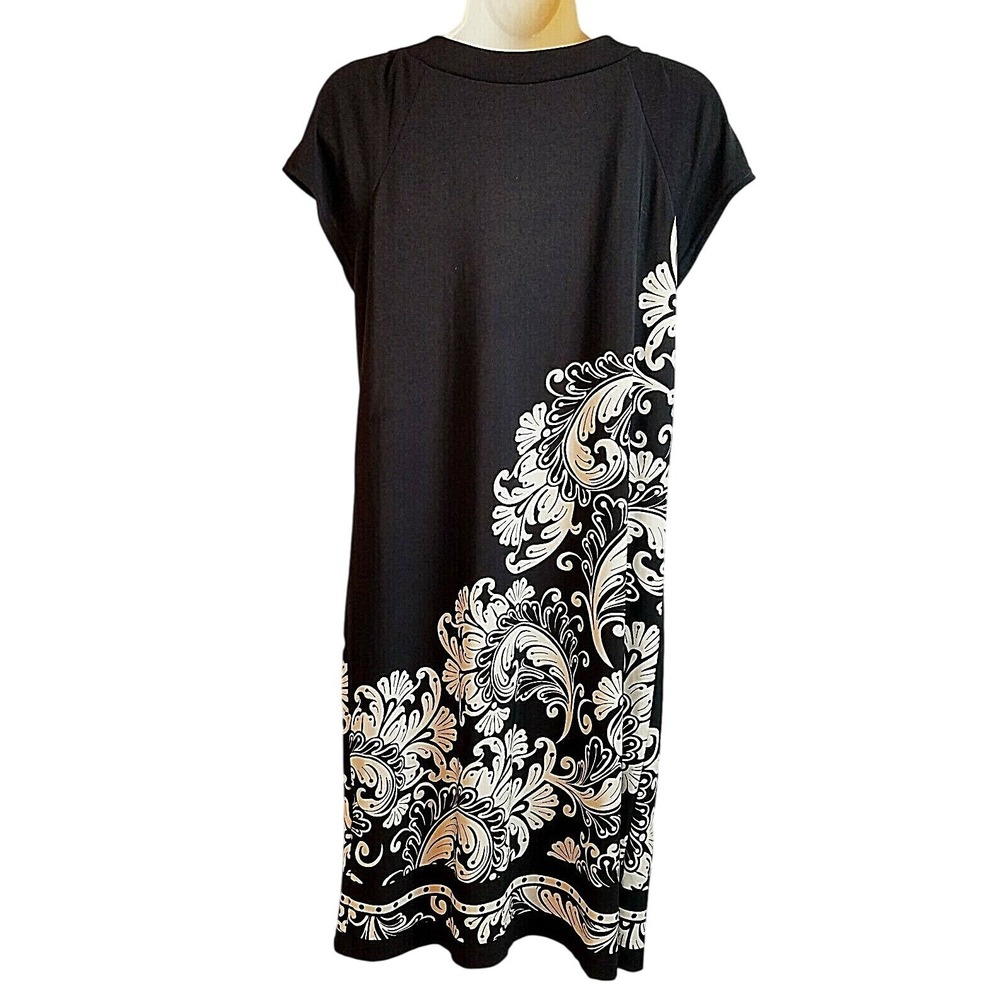 Dressbarn Womens Black White Paisley Studded Pleated Shift Dress 10 Boho Classic - Picture 2 of 6